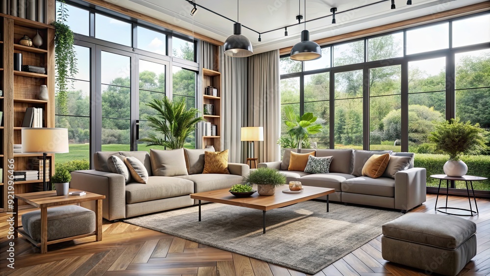 Modern and comfortable living room with large windows, cozy furniture, and stylish decor , modern, comfortable Modern and comfortable living room with large windows, cozy furniture, and stylish decor , modern, comfortable