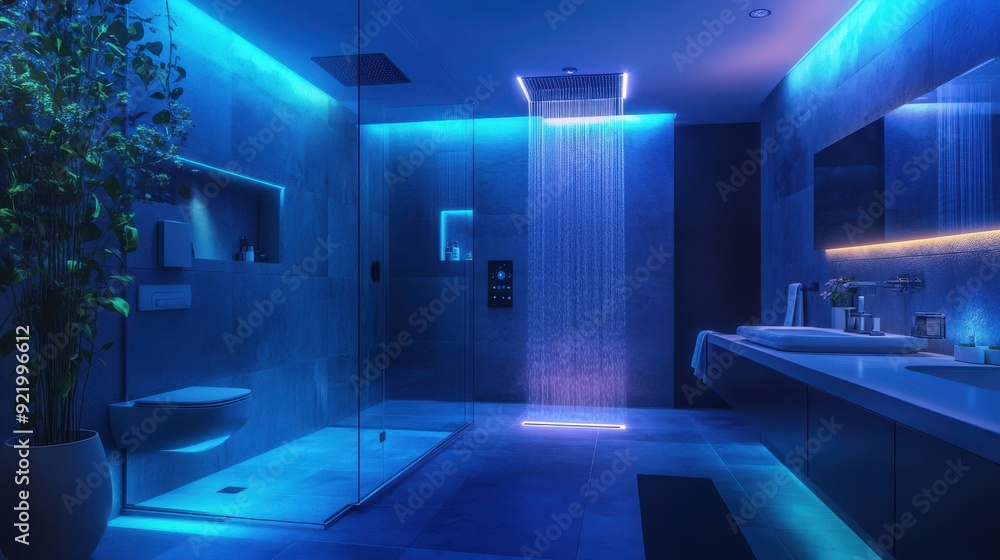 Modern Bathroom with Smart Shower System, Digital Temperature Control, Automated Lighting, and Waterproof Smart Speaker Modern Bathroom with Smart Shower System, Digital Temperature Control, Automated Lighting, and Waterproof Smart Speaker