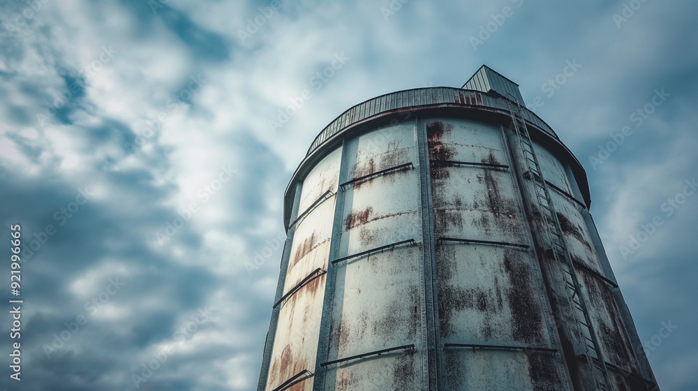 Weathered silo, cloudy sky background. Weathered silo, cloudy sky background.