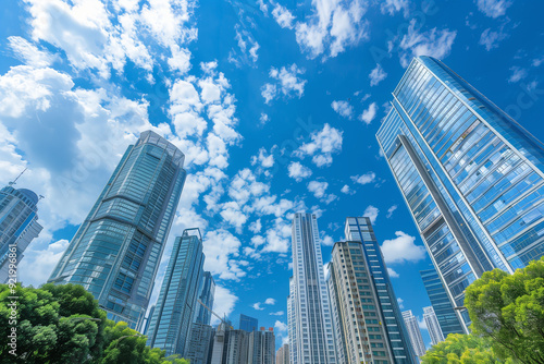 Skyscrapers Viewed from Below with Blue Sky and White Clouds