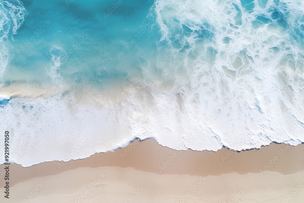 Ocean beach aerial top down view with blue water, waves with foam and spray and fine sand, beautiful summer vacation holidays destination Ocean beach aerial top down view with blue water, waves with foam and spray and fine sand, beautiful summer vacation holidays destination
