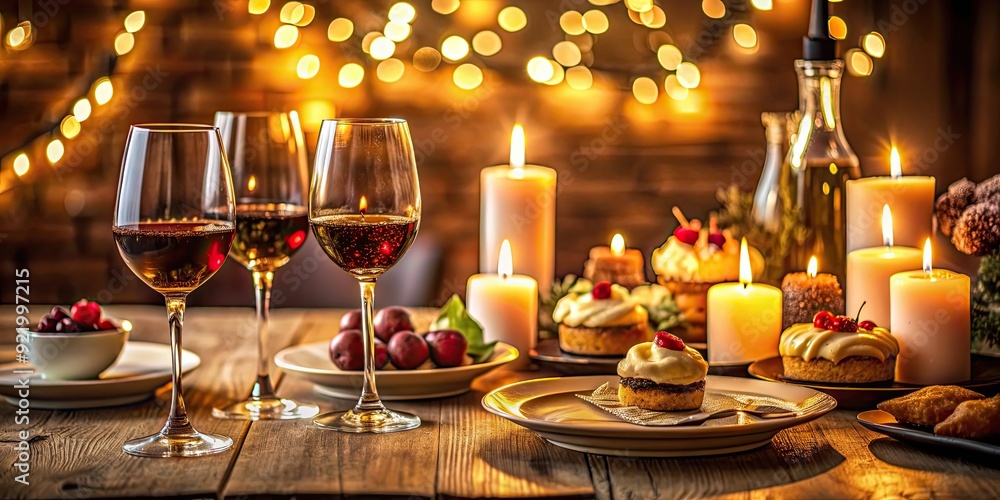 Elegant Candlelit Dinner setting with wine and dessert on a cozy table, romantic, elegant, candlelight, dining, table setting