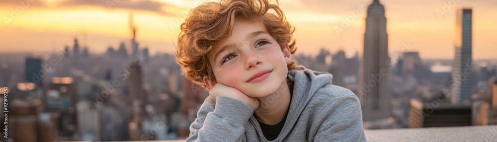 Young Boy Gazing at Cityscape at Sunset, Embracing Urban Life, Cityscape Outdoors, Youthful Energy, Lively City Life, Energetic, Beautiful, Vibrant, Inspiring, Motivational, Hopeful, Dreams Young Boy Gazing at Cityscape at Sunset, Embracing Urban Life, Cityscape Outdoors, Youthful Energy, Lively City Life, Energetic, Beautiful, Vibrant, Inspiring, Motivational, Hopeful, Dreams