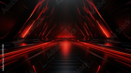 Futuristic red and black corridor with glowing lines.