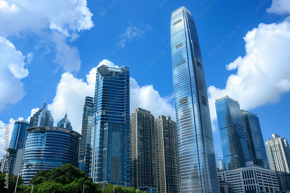 Skyscrapers Viewed from Below with Blue Sky and White Clouds Skyscrapers Viewed from Below with Blue Sky and White Clouds