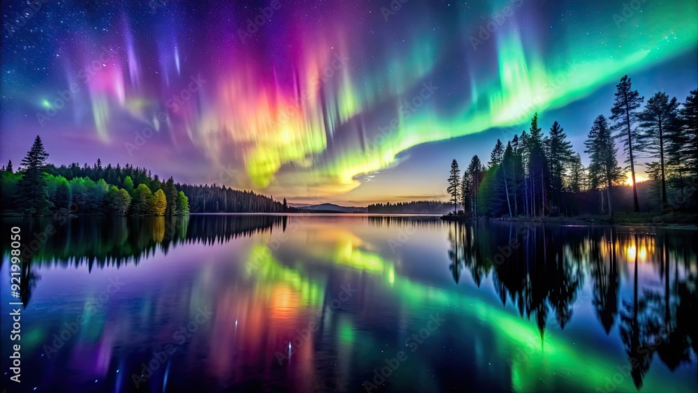 Night sky with vibrant aurora reflecting in tranquil forest lake, aurora, night sky, reflection, forest, lake Night sky with vibrant aurora reflecting in tranquil forest lake, aurora, night sky, reflection, forest, lake