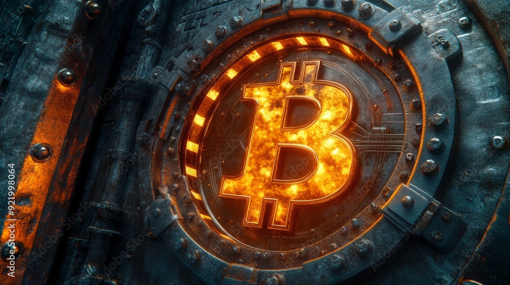 Fototapeta premium Bitcoin cryptocurrency burning in industrial safe door background