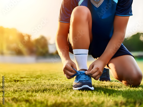 Student athlete tying shoelaces on grass with warm afternoon light