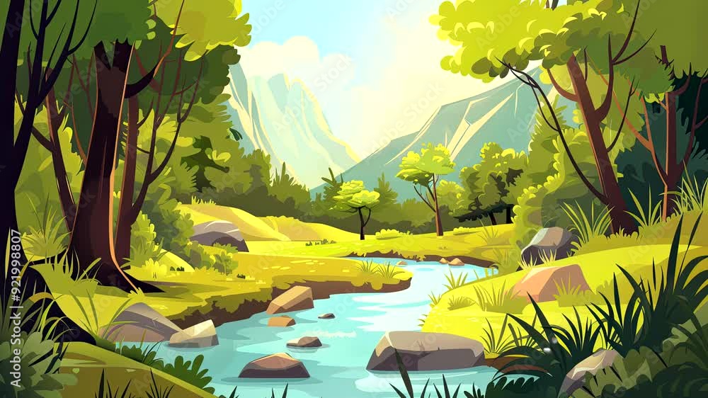 Idyllic mountain landscape with lush greenery and flowing river in animated style. Nature scenery concept. Seamless looping time-lapse video background.