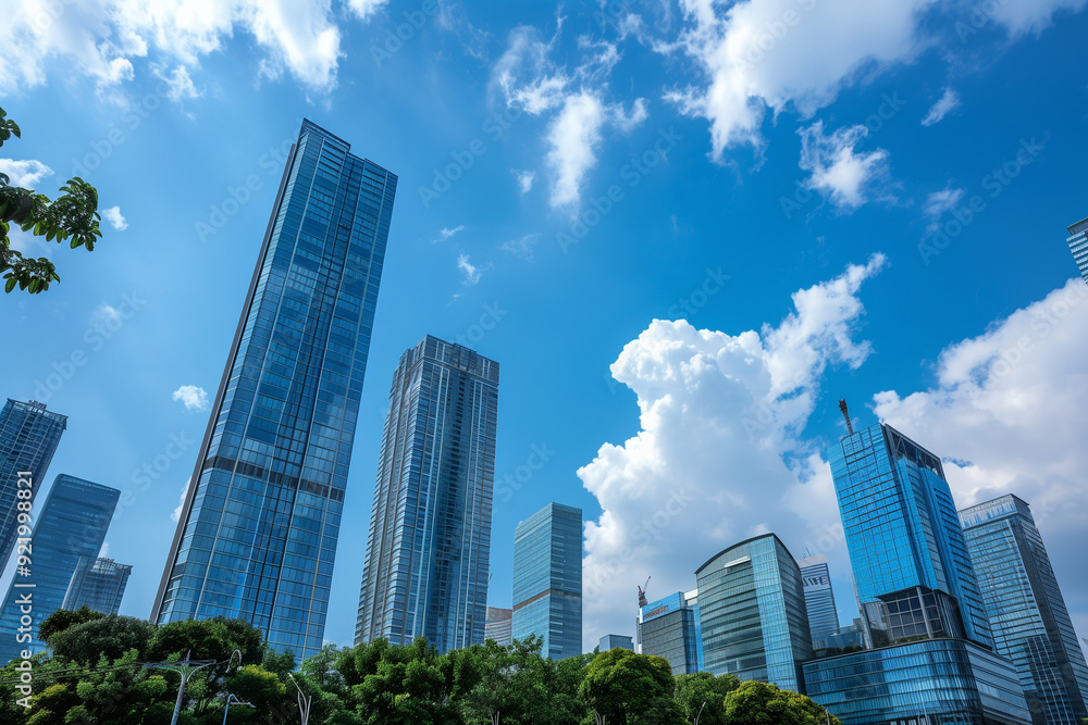 Skyscrapers Viewed from Below with Blue Sky and White Clouds Skyscrapers Viewed from Below with Blue Sky and White Clouds