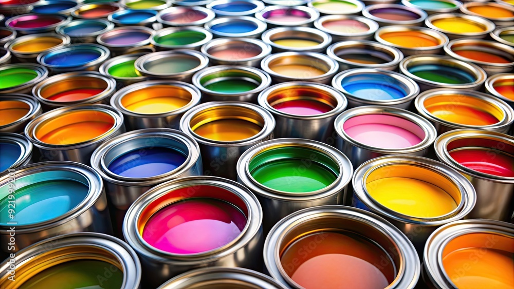 Fototapeta premium Colorful open cans with bright multicolored paint, paint, vibrant, rainbow, containers, artist, colors, art supplies