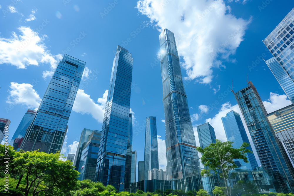 Skyscrapers Viewed from Below with Blue Sky and White Clouds Skyscrapers Viewed from Below with Blue Sky and White Clouds