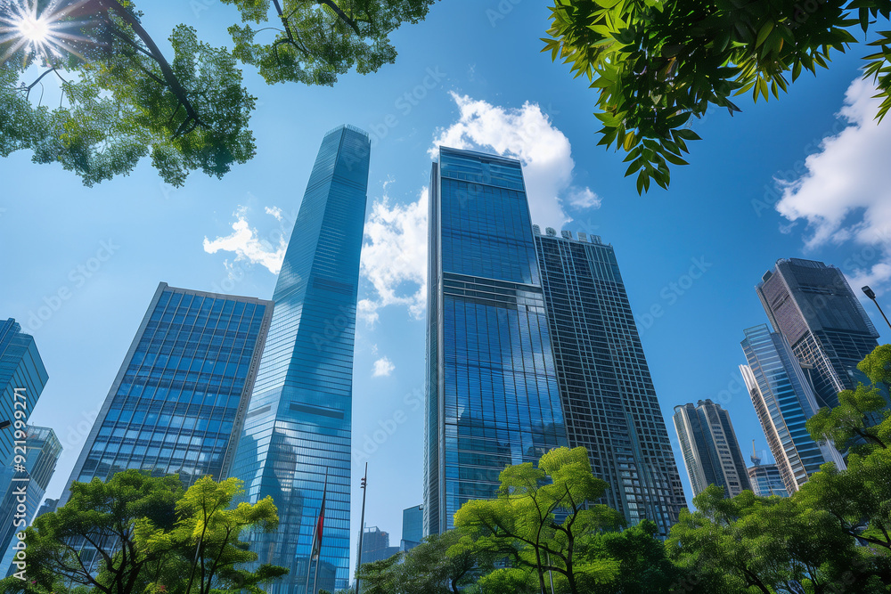 Skyscrapers Viewed from Below with Blue Sky and White Clouds Skyscrapers Viewed from Below with Blue Sky and White Clouds