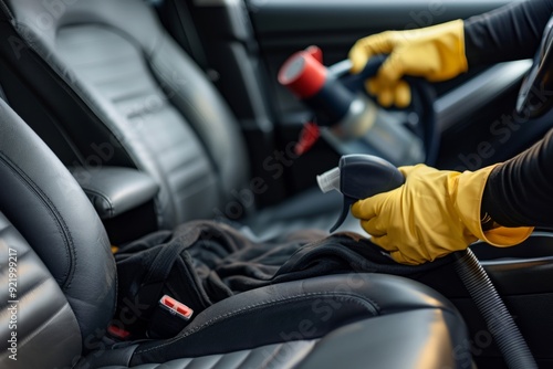 Cleaning a car's interior with professional tools and yellow gloves. Car interior cleaning involves keeping every part spotless. This image showcases a vacuum style method in a spotless car. AI photo