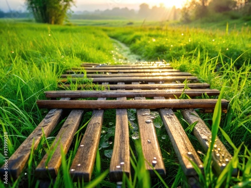 Rustic wooden hurdles lie scattered on a dewy, emerald-green grassy meadow, symbolizing overcoming obstacles and challenges in a peaceful, serene natural environment. photo