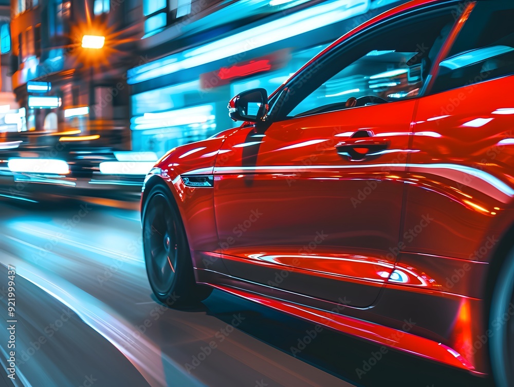Red sports car driving fast on the road Red sports car driving fast on the road