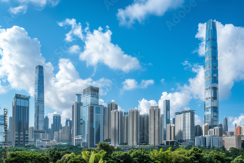 Skyscrapers Viewed from Below with Blue Sky and White Clouds