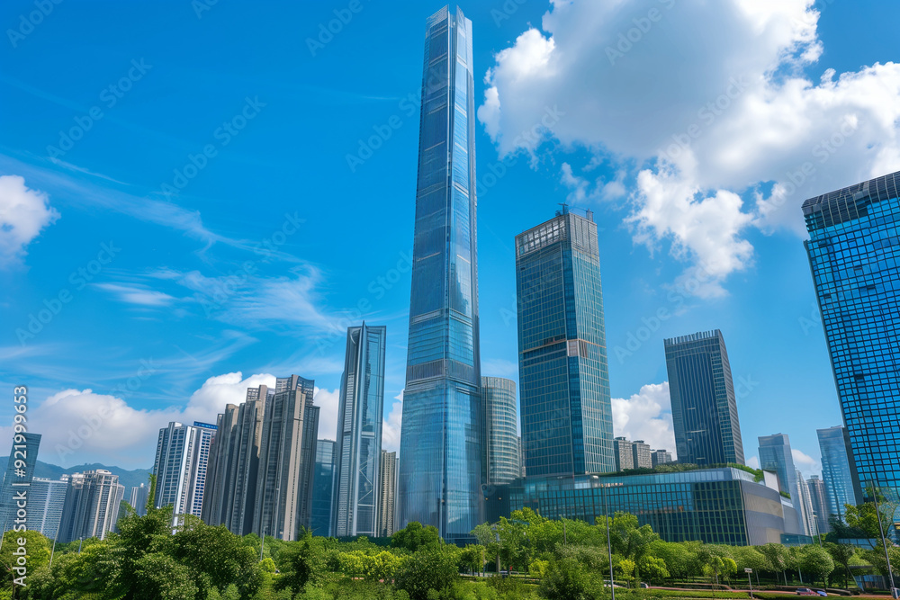 Skyscrapers Viewed from Below with Blue Sky and White Clouds Skyscrapers Viewed from Below with Blue Sky and White Clouds