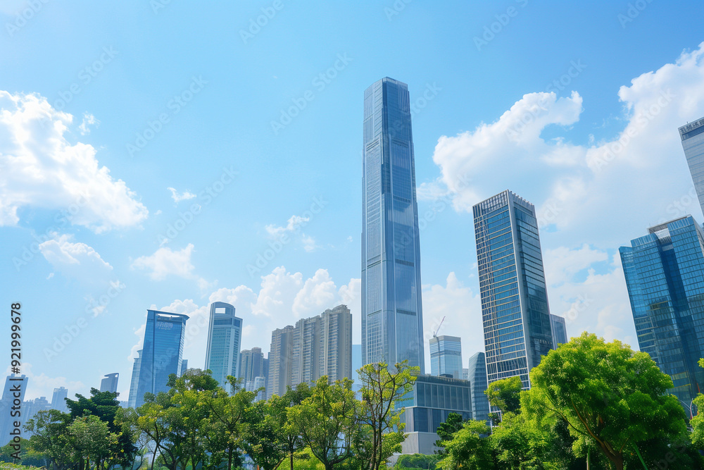 Skyscrapers Viewed from Below with Blue Sky and White Clouds Skyscrapers Viewed from Below with Blue Sky and White Clouds