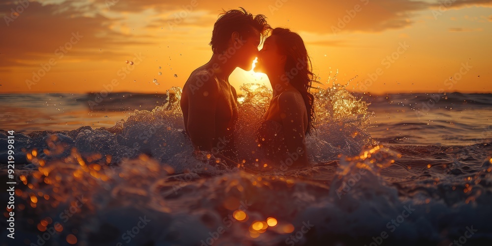 Romantic couple kissing on the beach at sunset, with waves crashing ...