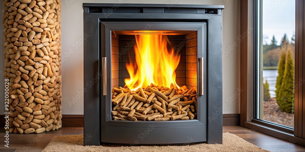 Efficient wood pellet stove with burning pellets visible through window for cozy heating, wood, pellet stove, burning, pellets Efficient wood pellet stove with burning pellets visible through window for cozy heating, wood, pellet stove, burning, pellets