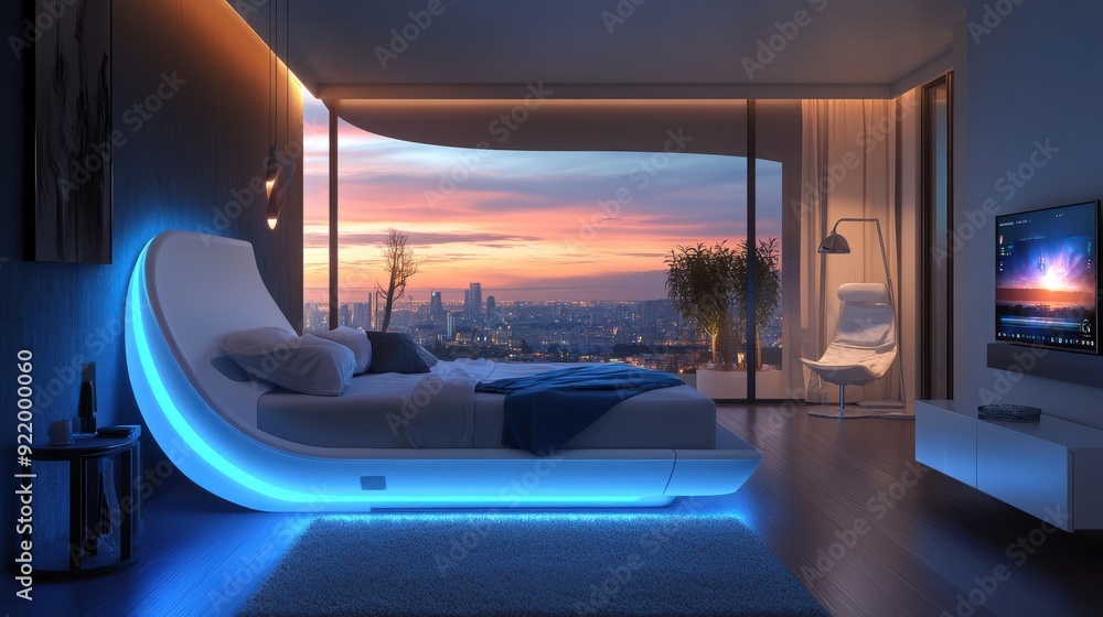 Fototapeta premium Intelligent Sleep System - Smart Bed Monitoring Sleep Patterns and Adjusting Firmness for Ultimate Comfort in Realistic Bedroom Setting