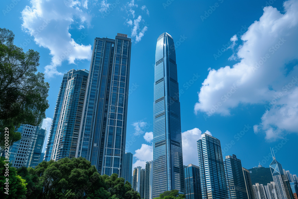 Skyscrapers Viewed from Below with Blue Sky and White Clouds Skyscrapers Viewed from Below with Blue Sky and White Clouds