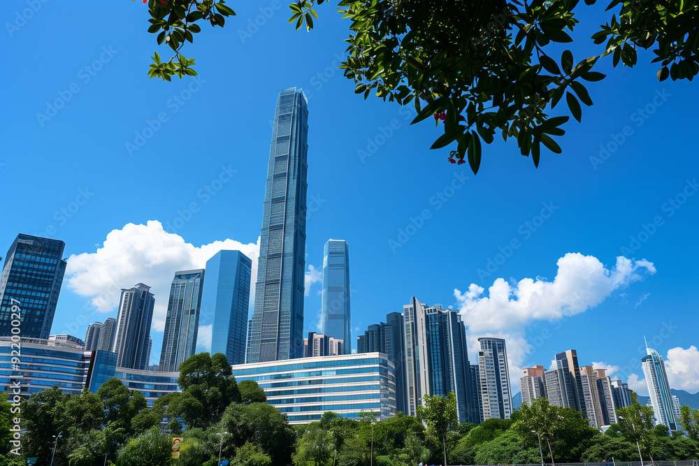 Fototapeta premium Skyscrapers Viewed from Below with Blue Sky and White Clouds