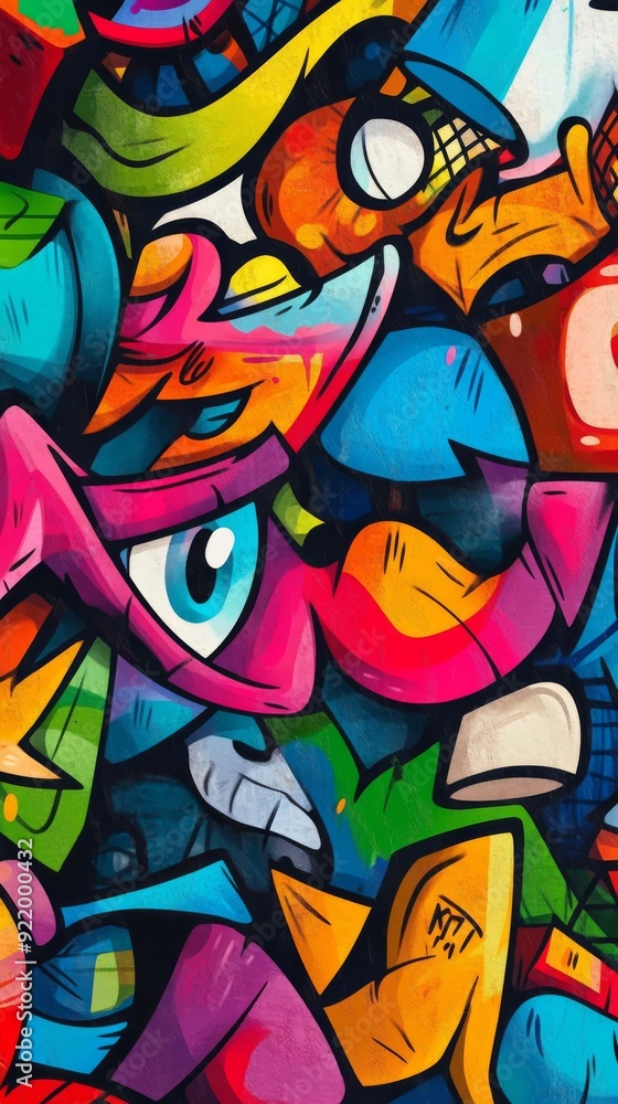 Fototapeta premium Colorful urban graffiti art mural design with abstract shapes