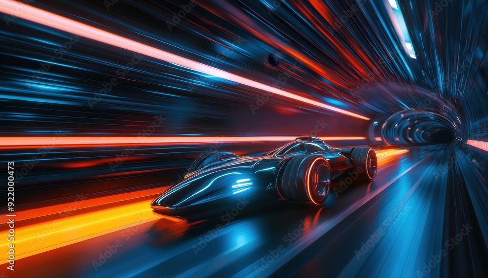 Futuristic race car speeding through a neon-lit tunnel at high velocity Futuristic race car speeding through a neon-lit tunnel at high velocity