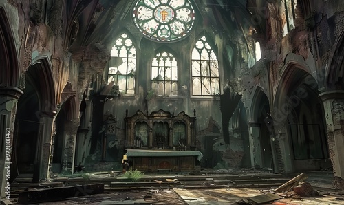 Ruined church interior with crumbling arches and stained glass remnants, hinting at lost grandeur