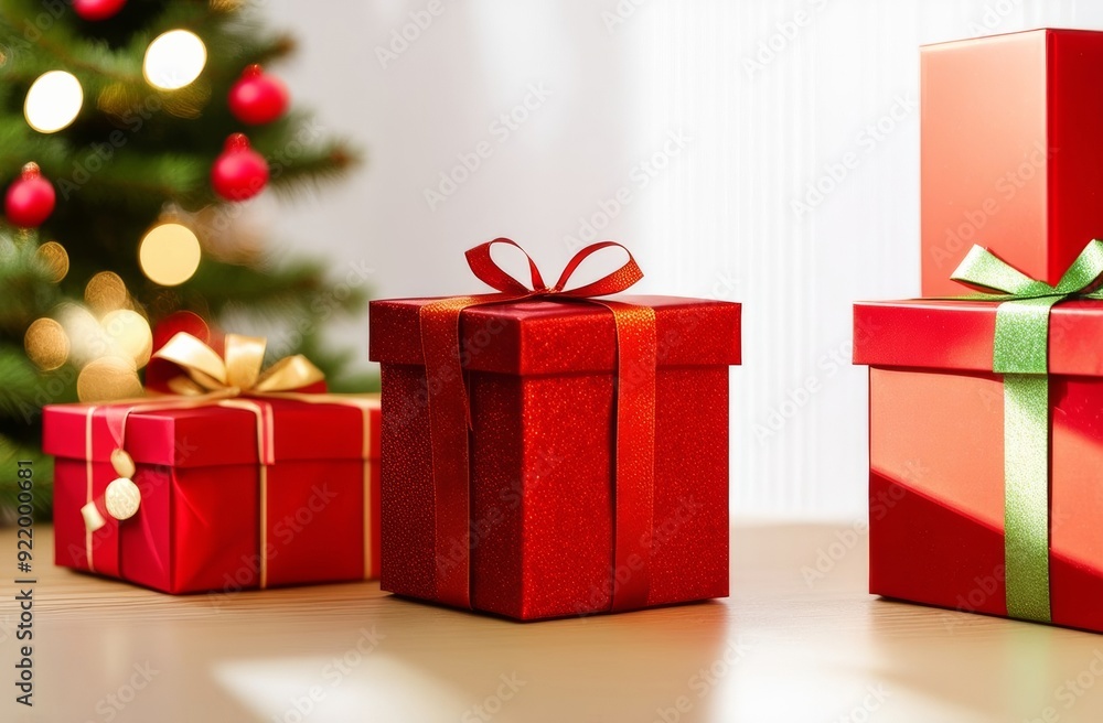 Obraz premium Christmas tree gift boxes in red colors on white background