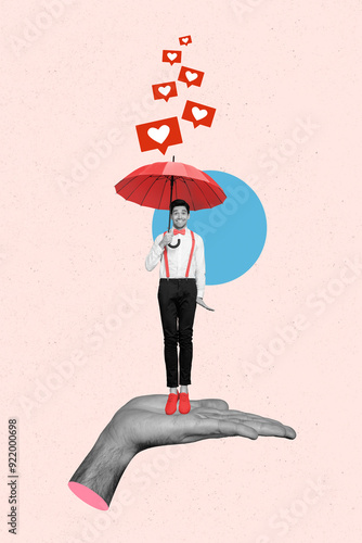 Vertical poster collage young handsome gentleman umbrella blogger forecast weather 3d hand body fragment drawing background photo