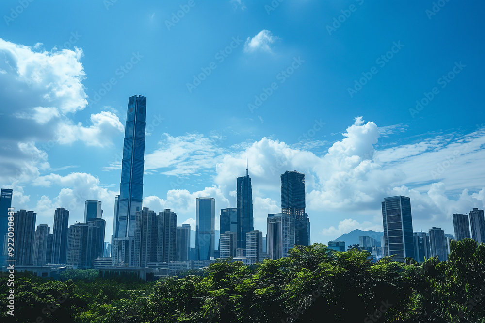 Skyscrapers Viewed from Below with Blue Sky and White Clouds Skyscrapers Viewed from Below with Blue Sky and White Clouds
