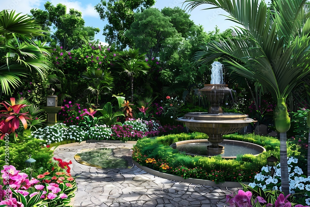 Fountain in the garden with beautiful flowers Fountain in the garden with beautiful flowers