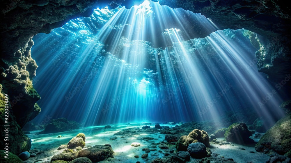 Fototapeta premium Mysterious underwater cave with beams of light revealing hidden aquatic realm, underwater, cave, mysterious, light beams