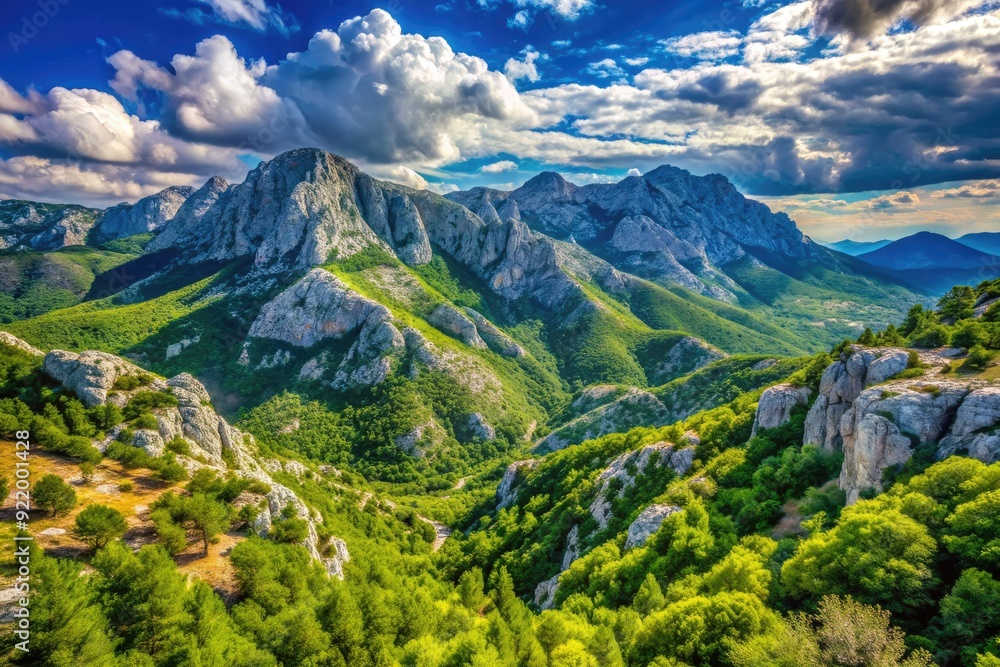 Naklejka premium Majestic Biokovo mountain range in Croatia, with lush green forests, rugged rocky peaks, and a serene blue sky, perfect for outdoor adventure and exploration.