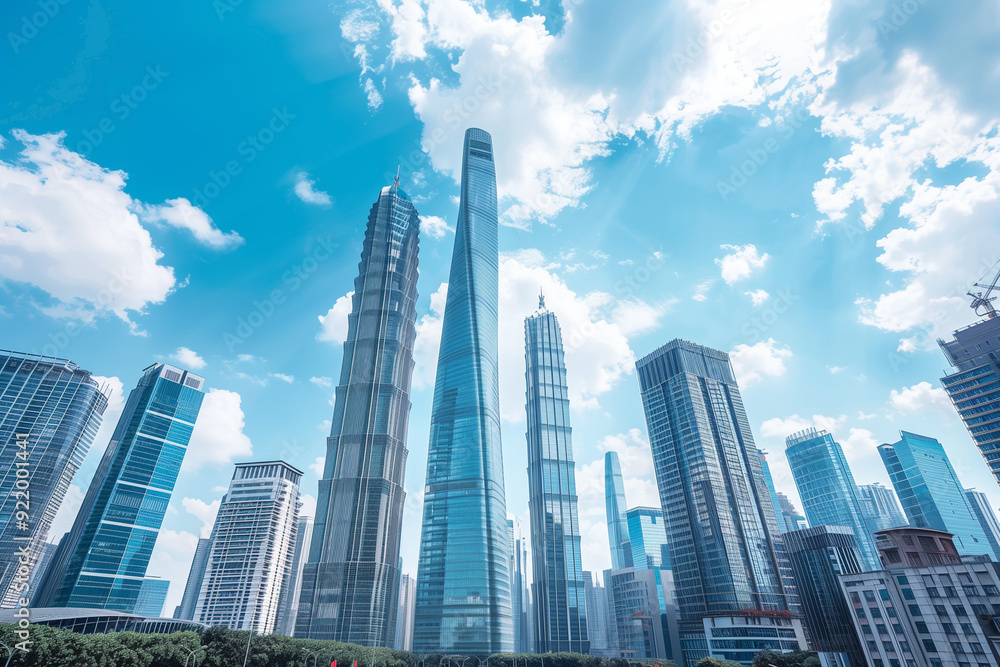 Fototapeta premium Skyscrapers Viewed from Below with Blue Sky and White Clouds