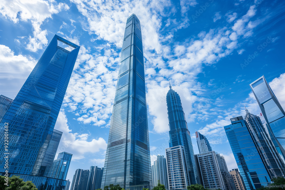 Skyscrapers Viewed from Below with Blue Sky and White Clouds Skyscrapers Viewed from Below with Blue Sky and White Clouds