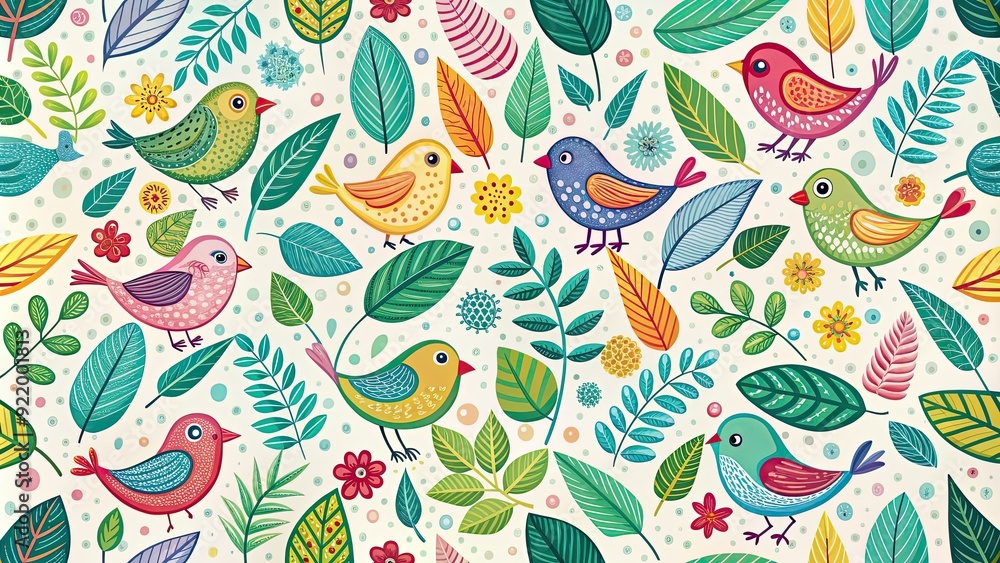 Fototapeta premium Whimsical pattern featuring colorful birds and leaves, cute, pattern, birds, leaves, nature,design, background, decorative