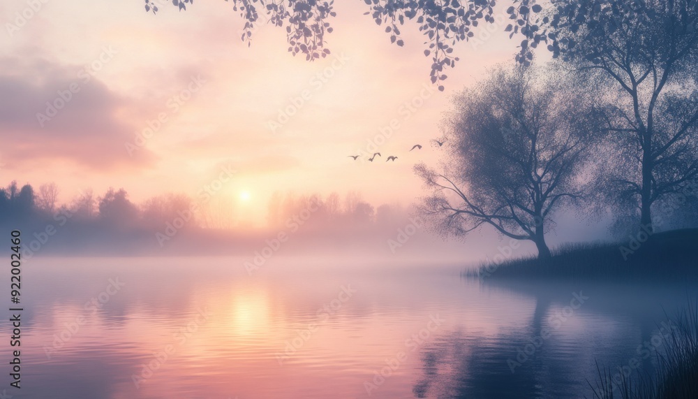 Sunrise over a tranquil lake with mist and silhouettes of trees at dawn Sunrise over a tranquil lake with mist and silhouettes of trees at dawn