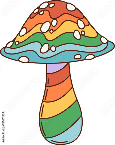 Cartoon retro groovy mushroom with psychedelic rainbow colors, vector 70s hippie comic. Groovy toadstool or amanita mushroom with rainbow colors flow for happy Y2K emoji or rave music sticker