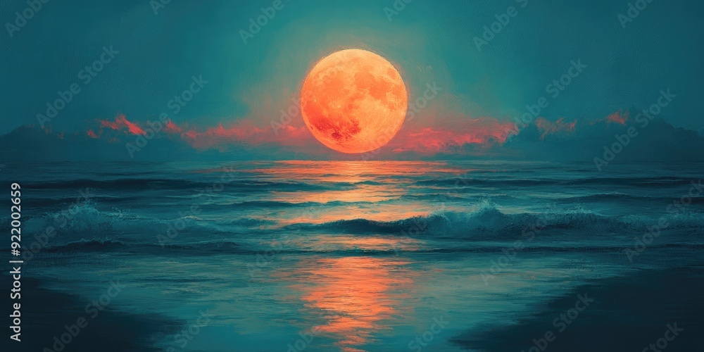 An Orange Moon Rising Over a Deep Blue Ocean An Orange Moon Rising Over a Deep Blue Ocean