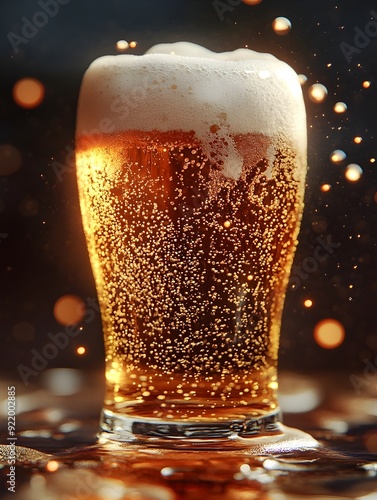 Pint of Golden Ale with Foamy Head and Glowing Bokeh Background