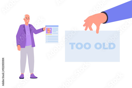 Age discrimination concept. Elderly candidate holds resume. Vector illustration.