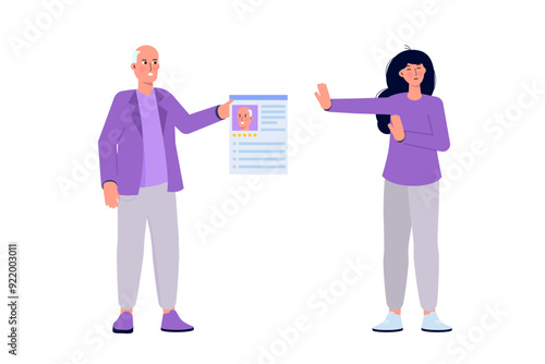 Age discrimination concept. Elderly candidate holds resume. Vector illustration.