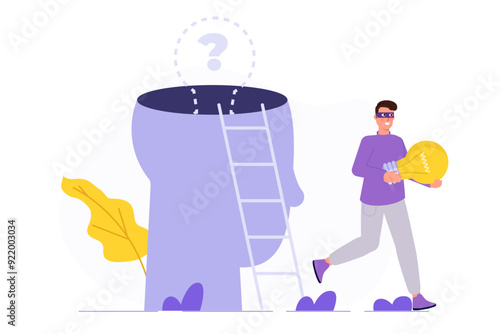 Stealing  idea, plagiarism concept. Intellectual property piracy , depicting a thief in black running with a stolen light bulb, symbolizing an idea taken from its rightful owner