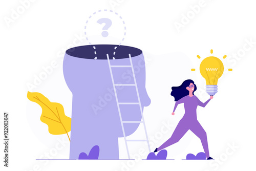 Stealing  idea, plagiarism concept. Intellectual property piracy , depicting a thief in black running with a stolen light bulb, symbolizing an idea taken from its rightful owner