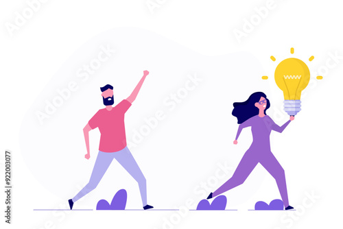 Stealing  idea, plagiarism concept. Intellectual property piracy , depicting a thief in black running with a stolen light bulb, symbolizing an idea taken from its rightful owner