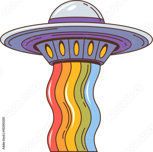 Groovy retro cartoon space UFO with rainbow in galaxy sky, vector 70s art sticker. Groovy alien UFO saucer with rainbow flow in galaxy space for funky disco, rave or pop music badge or t-shirt print